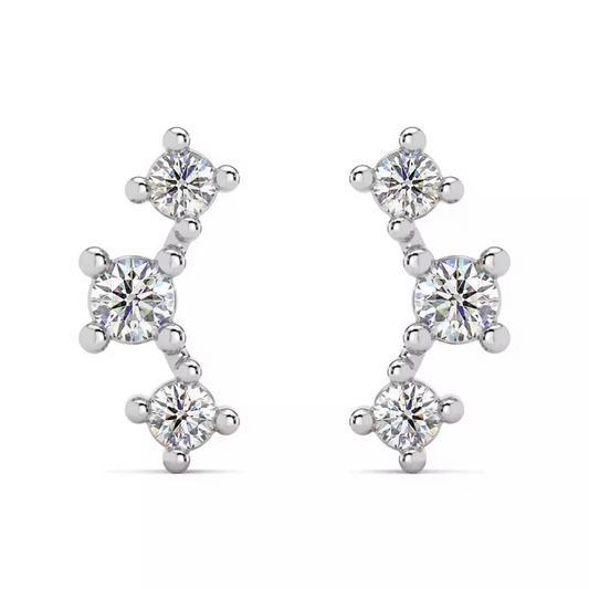 0.2ctw Lab-Grown Diamond Crawler Studs – 3-Stone DEF VS-VVS, 14K White Gold, Trendy 2025 Jewelry