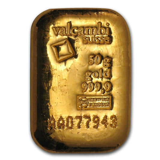 50 gram Gold Bar - Valcambi (Cast/Poured w/Assay) - Jewellery & Gold Store