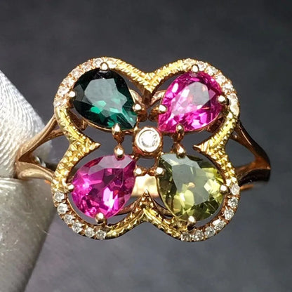 Ring 18K Gold 1.8ct Colorful Tourmaline Gemstones Diamonds Female's