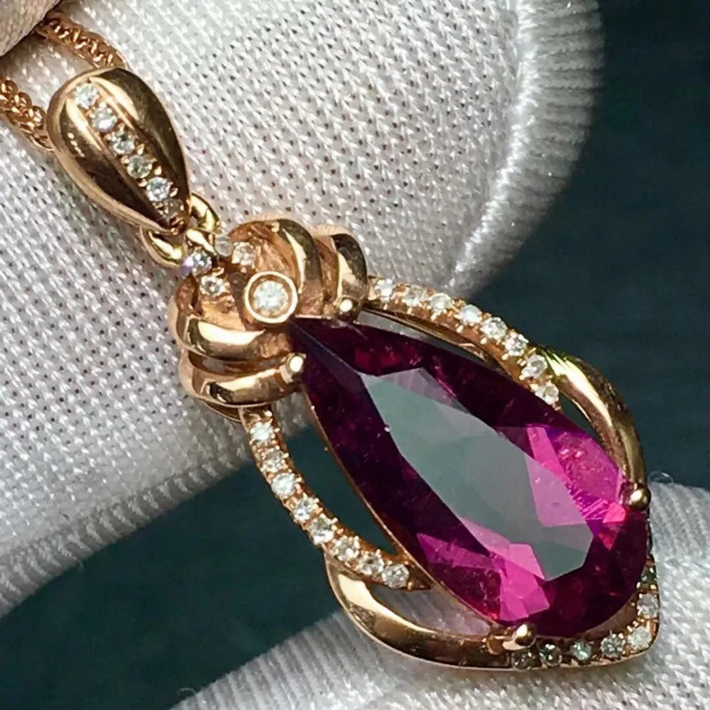 Pendant 18K Gold 3.05ct Rubillite Tourmaline Gemstones Diamond Necklace