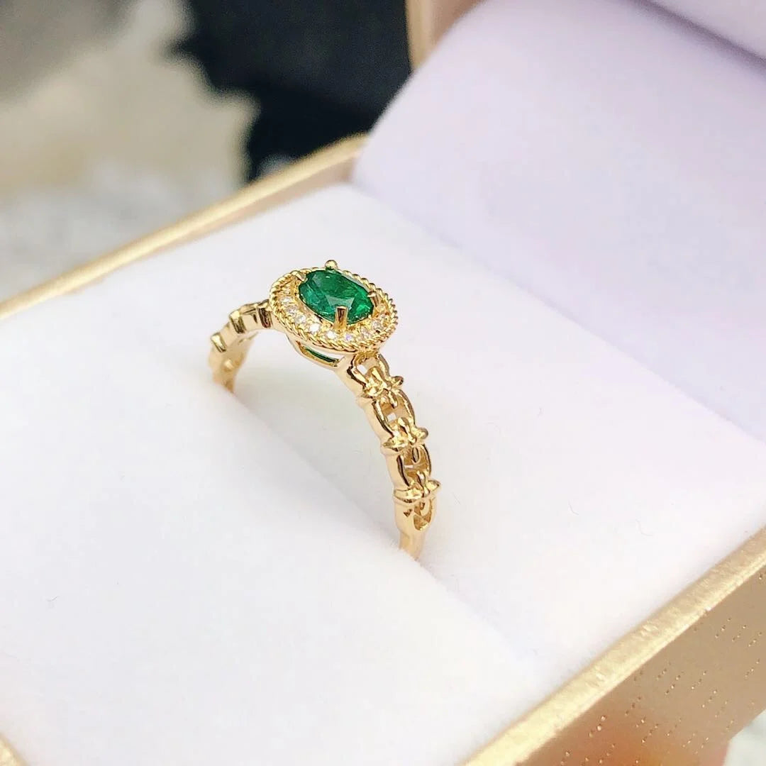 Ring 18K Yellow Gold 100% Natural Green Emerald Gemstones Female's