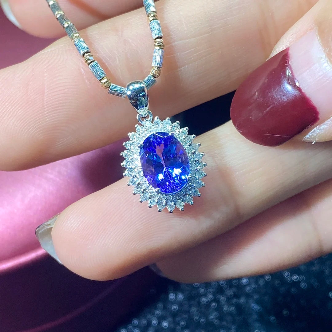 Necklace 18K White Gold 1.95ct Blue Tanzanite Pendant Female's