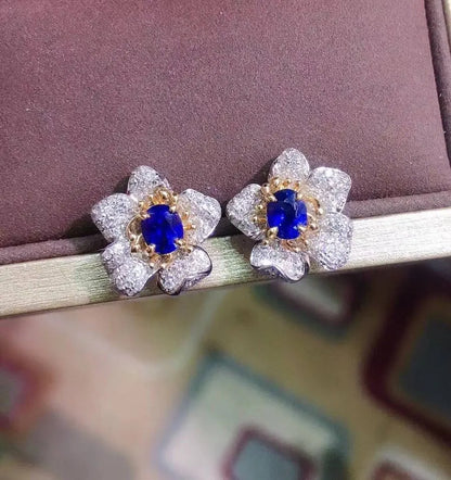 Earrings 18K Gold 0.8ct Royal Blue Sapphire Gemstones Stud Female's