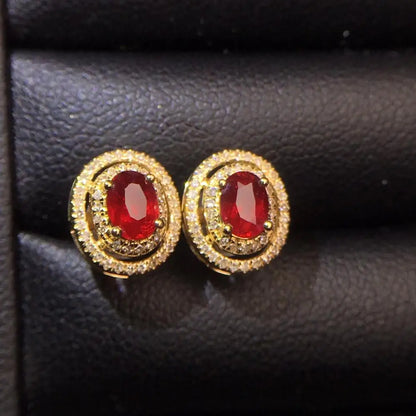 Earrings 18K Gold 0.75ct Red Ruby Gemstones Stud Female's Fine Gift