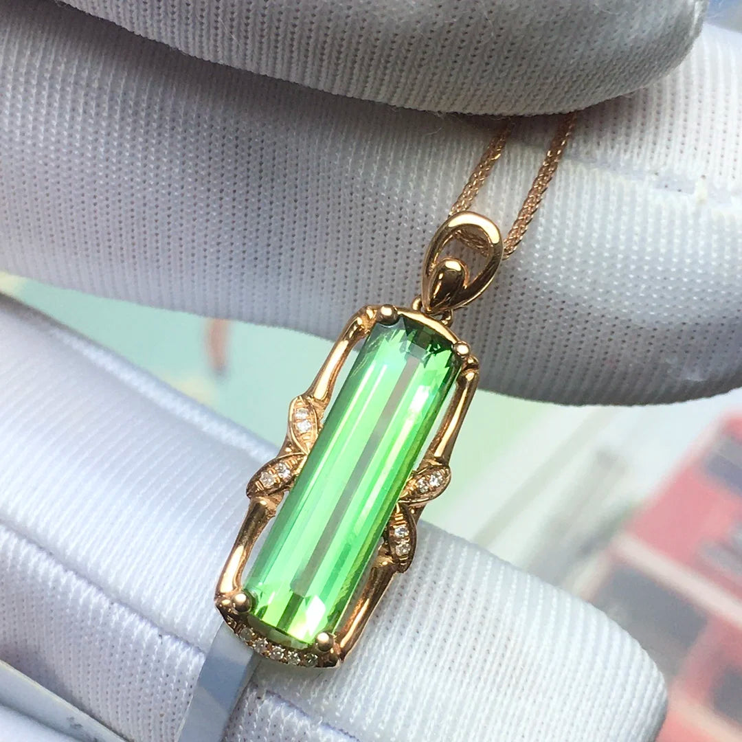 Pendant 18K Gold 2.2ct Green Tourmaline Gemstones Diamond Necklace for Women