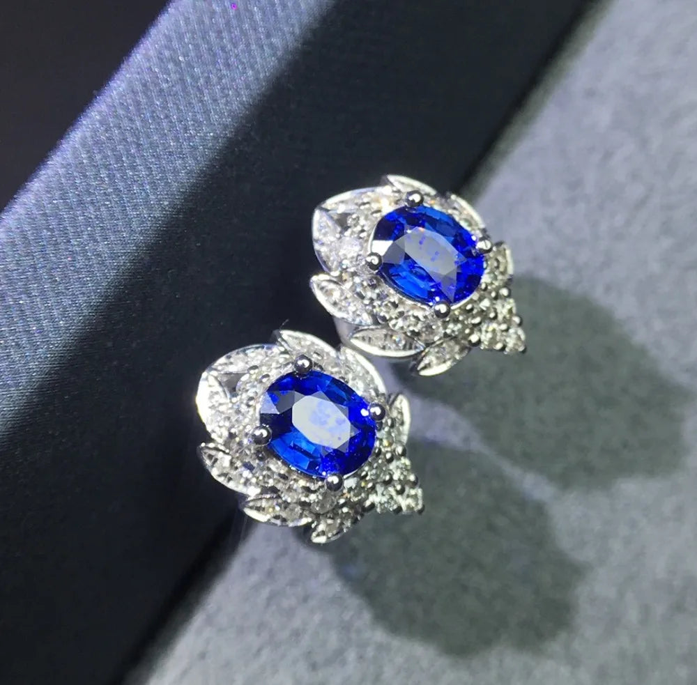 Earrings 18K Gold 0.9ct Royal Blue Sapphire Gemstones Stud Female