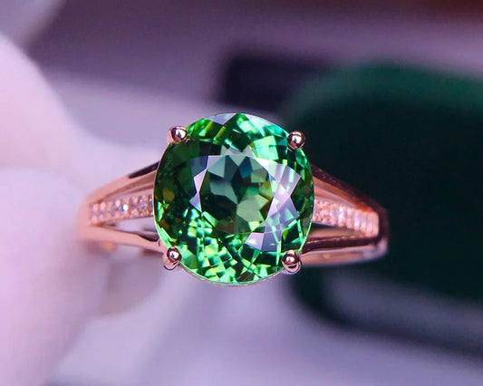 Ring 18K Gold 3.9ct Green Tourmaline Gemstones Diamonds Female Fine Present