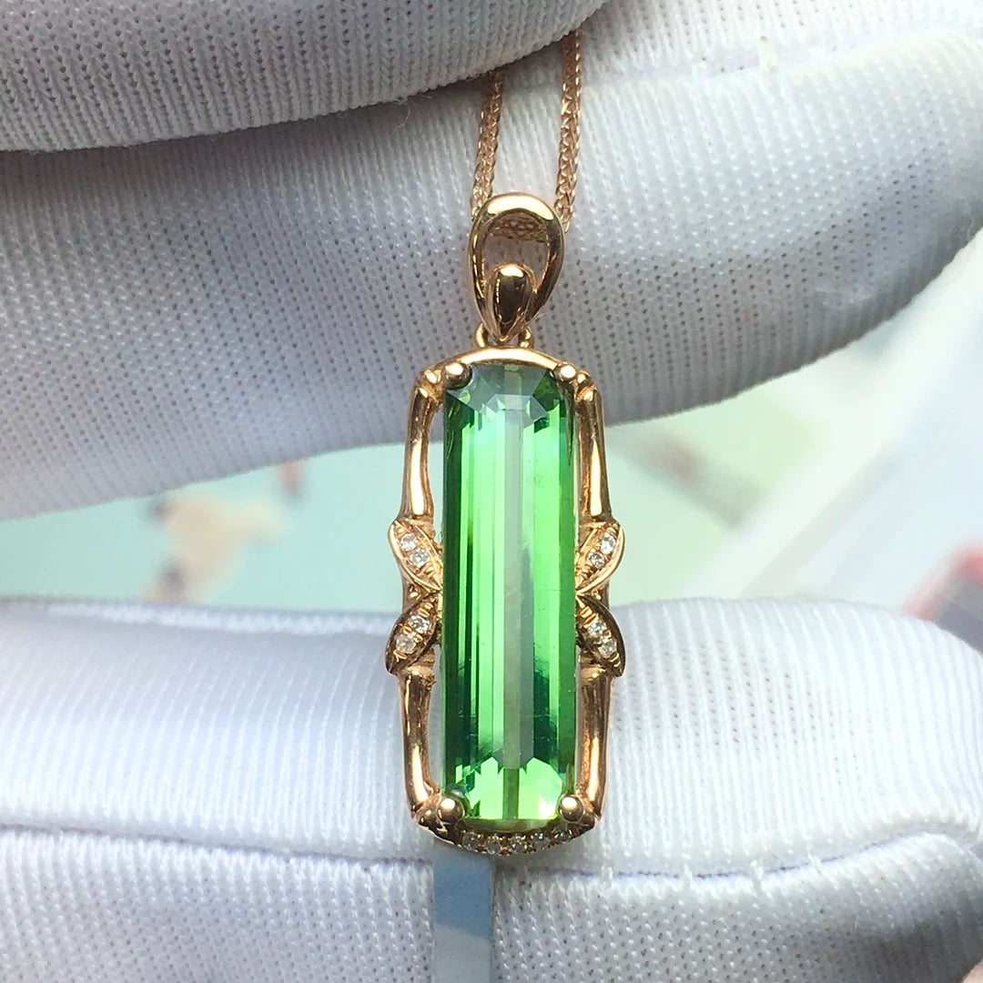 Pendant 18K Gold 2.2ct Green Tourmaline Gemstones Diamond Necklace for Women