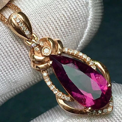 Pendant 18K Gold 3.05ct Rubillite Tourmaline Gemstones Diamond Necklace