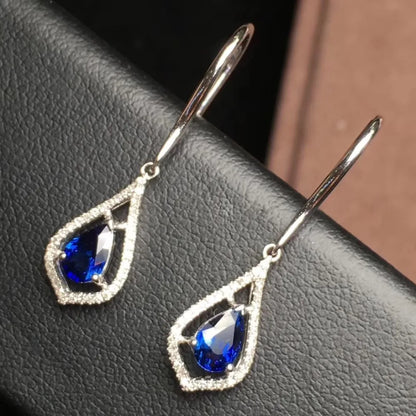 Earrings 18K Gold 1.22ct Royal Blue Sapphire Drop Female's Fine