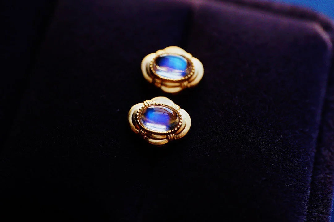 Earrings 18K Gold 6.58mm Moonstone Stud Gemstones Female's Fine Gift