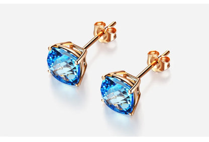 Earrings 18K White Gold 7*7mm Blue Topaz Diamonds Stud Female's Fine