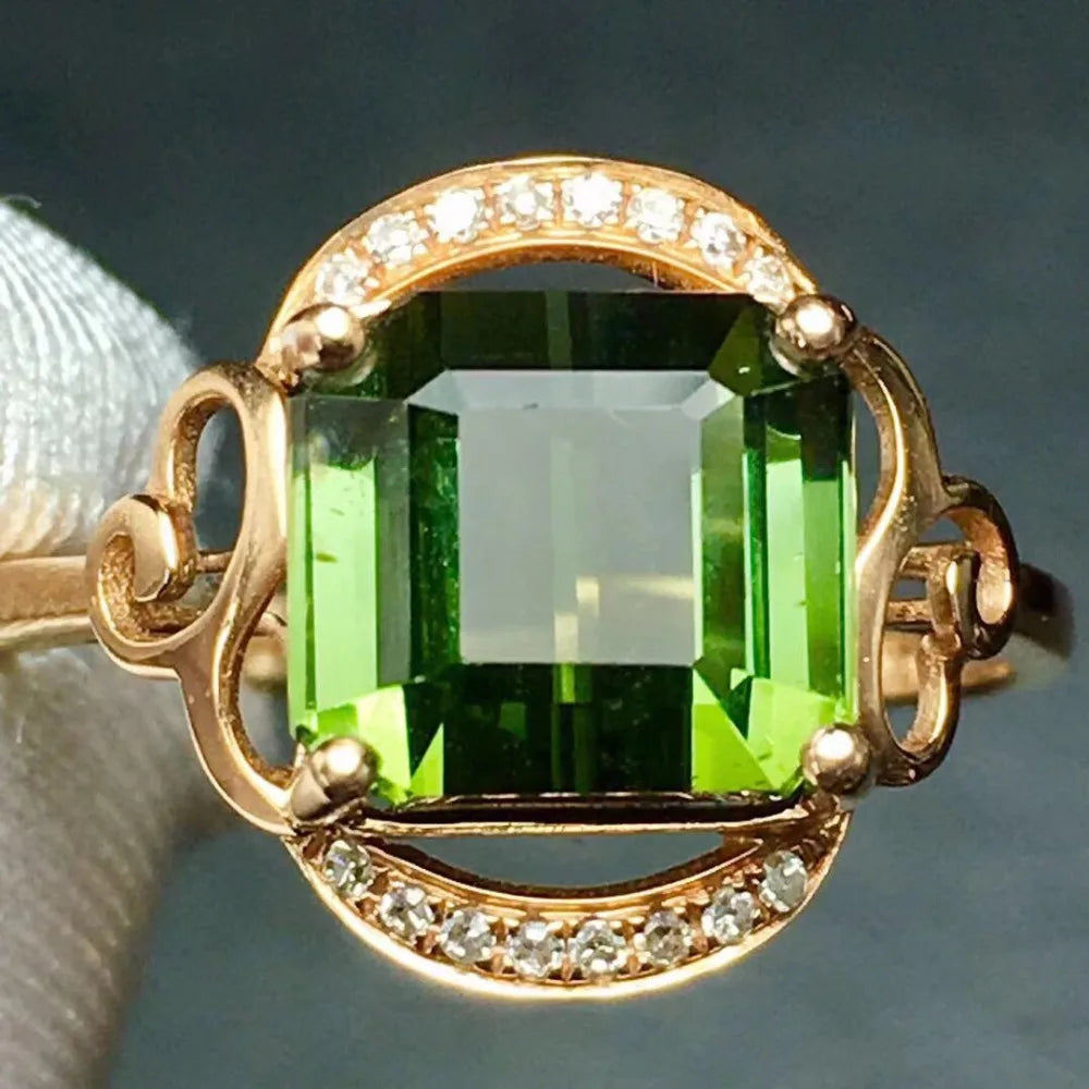 Ring 18K Gold 4.2ct Green Tourmaline Gemstone Diamonds Men's Wedding Ring