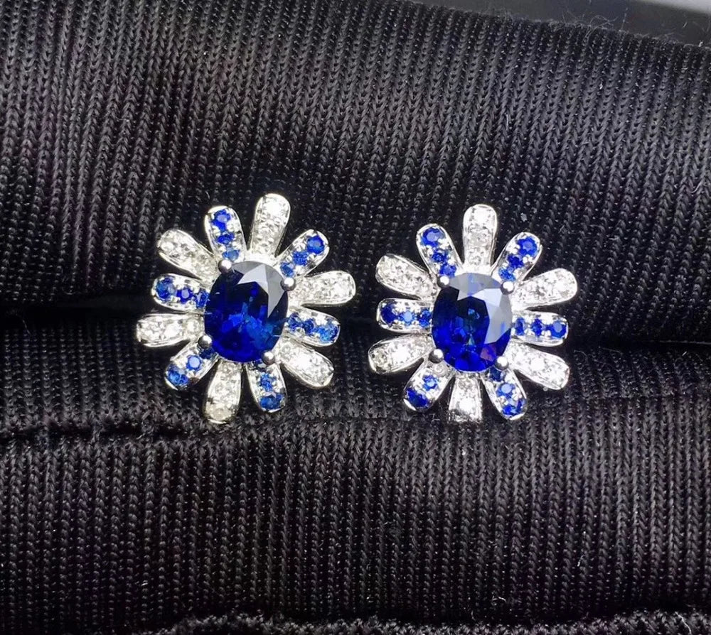 Earrings 18K Gold 1.1ct Royal Blue Sapphire Gemstones Stud Female's