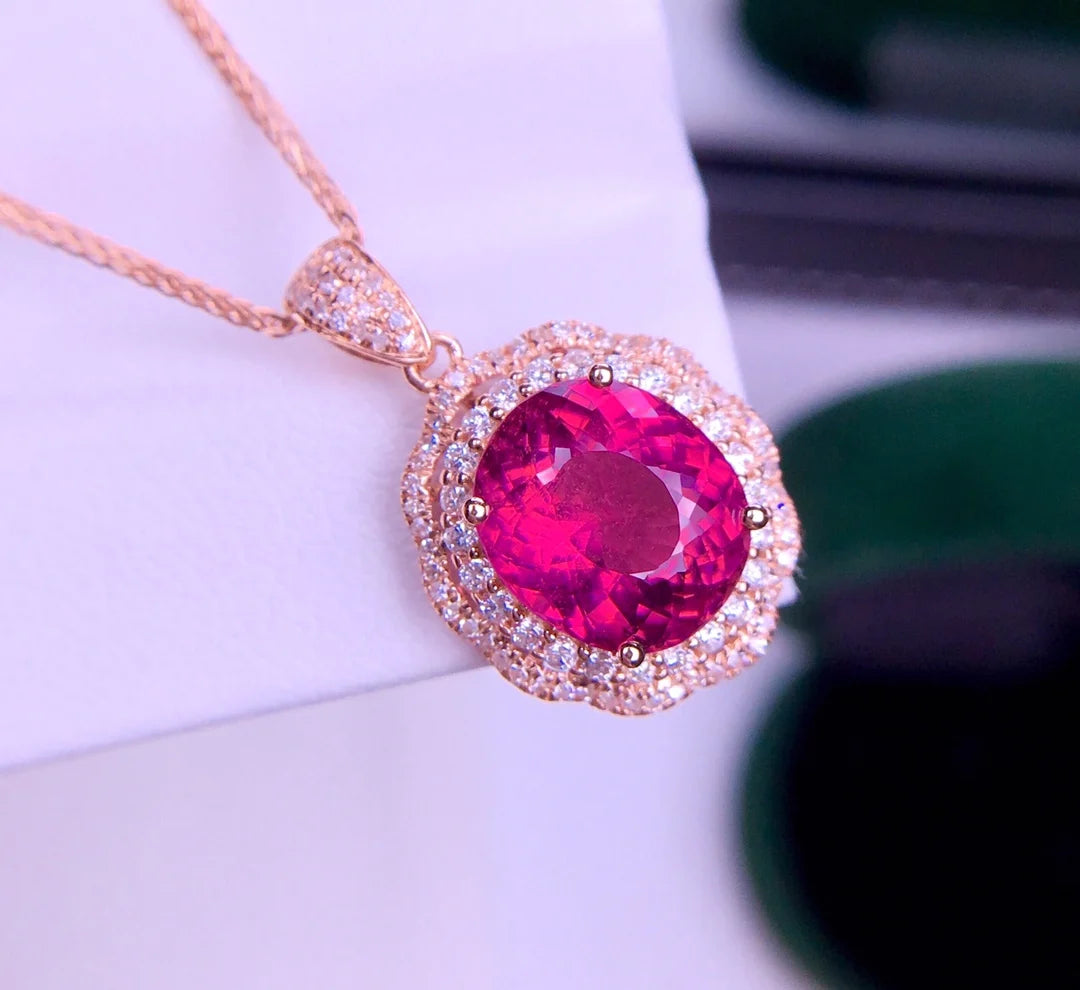 Pendant 18K Gold 2.95ct Red Tourmaline Gemstones Diamond Necklace