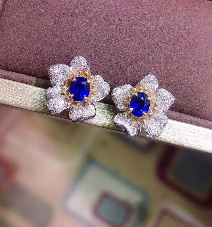 Earrings 18K Gold 0.8ct Royal Blue Sapphire Gemstones Stud Female's