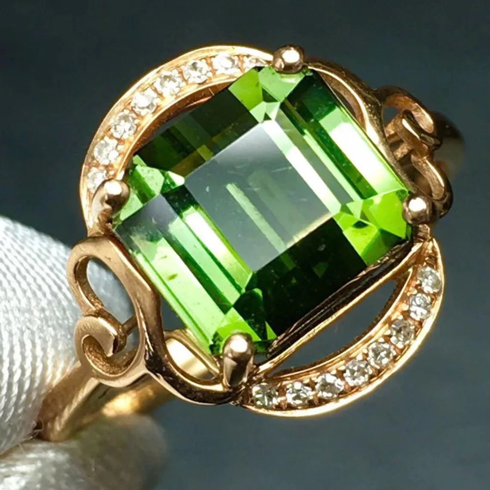 Ring 18K Gold 4.2ct Green Tourmaline Gemstone Diamonds Men's Wedding Ring