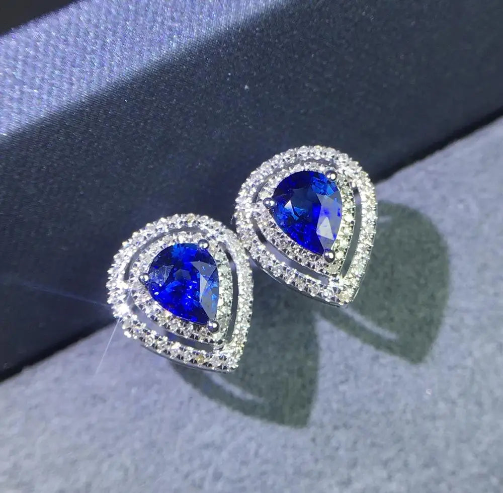 Earrings 18K Gold 0.9ct Royal Blue Sapphire Gemstones Stud Female's