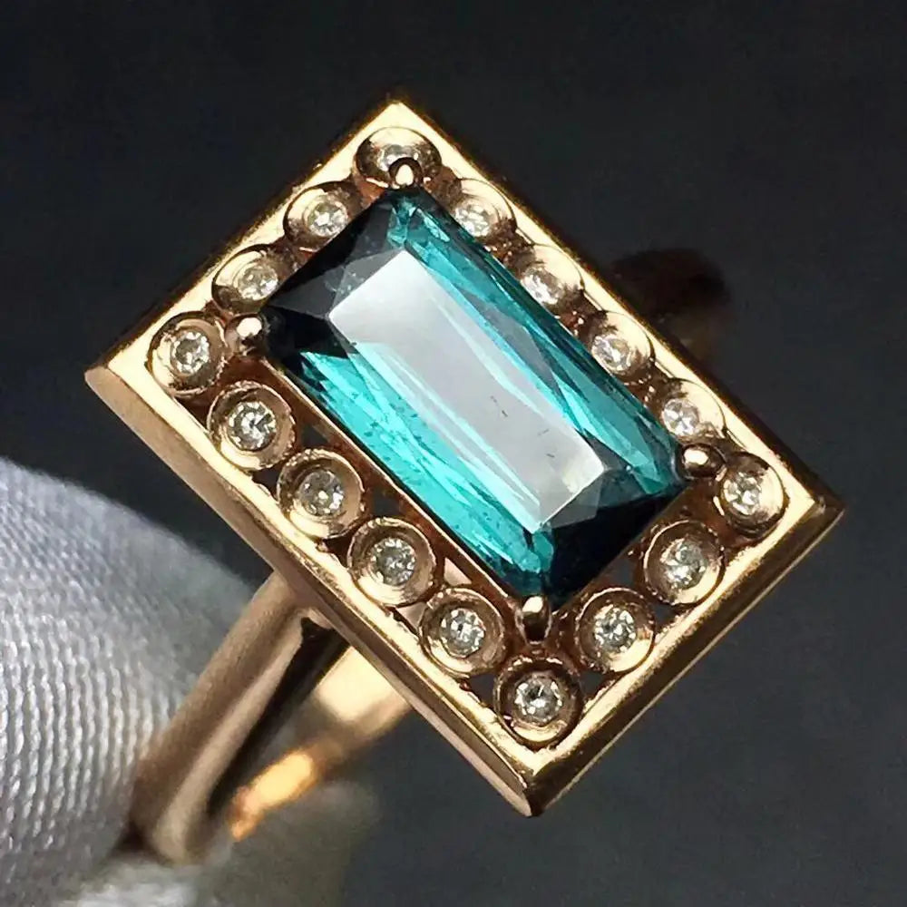 Ring 18K Gold 1.9ct Blue Tourmaline Gemstone Diamonds Female Fine