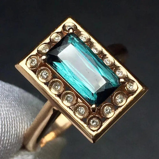 Ring 18K Gold 1.9ct Blue Tourmaline Gemstone Diamonds Female Fine