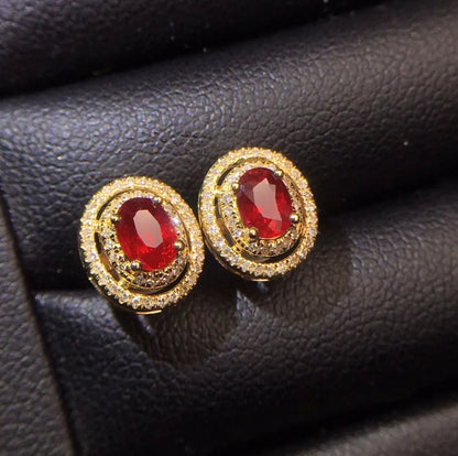 Earrings 18K Gold 0.75ct Red Ruby Gemstones Stud Female's Fine Gift