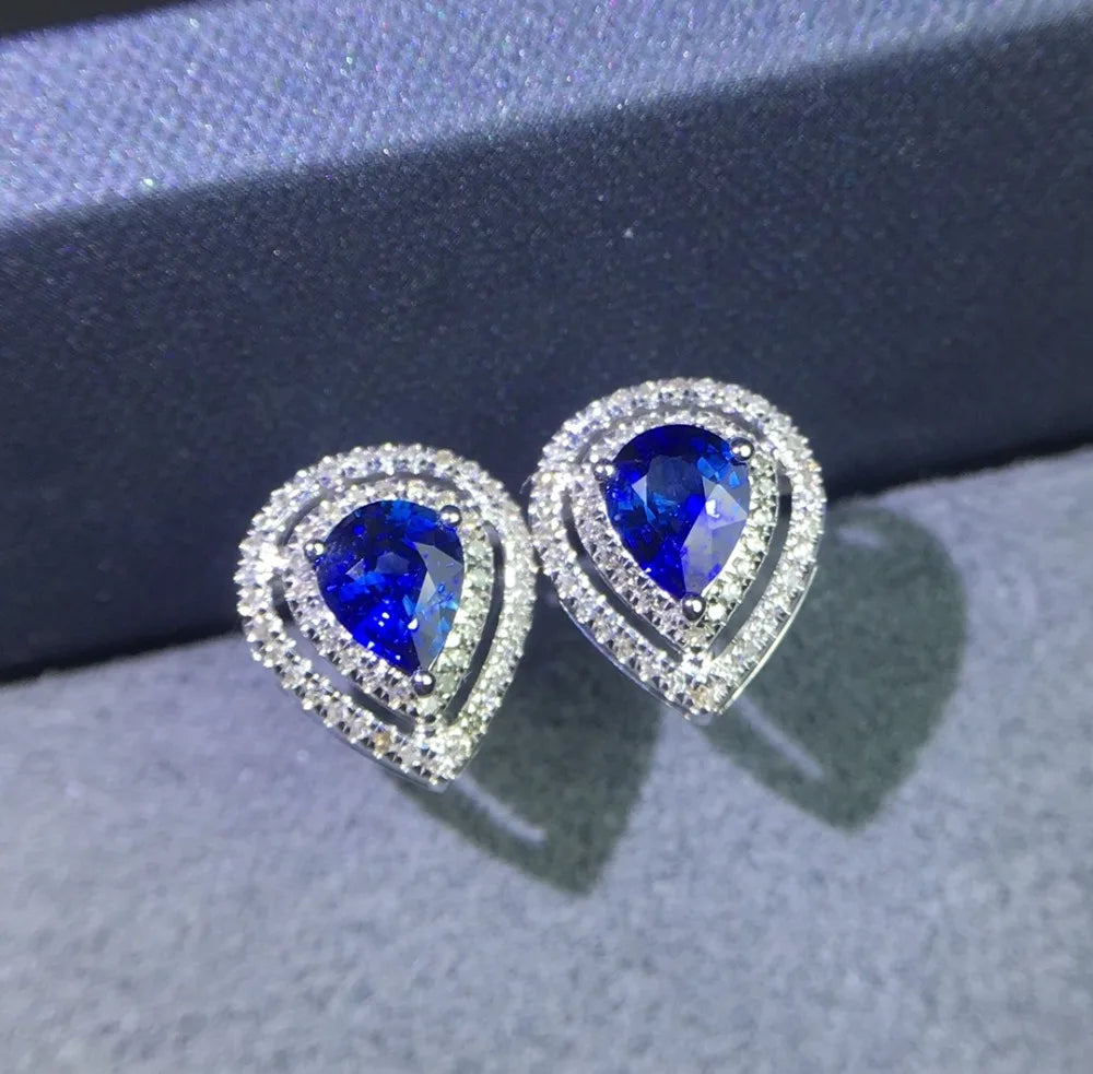 Earrings 18K Gold 0.9ct Royal Blue Sapphire Gemstones Stud Female's