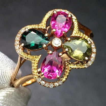 Ring 18K Gold 1.8ct Colorful Tourmaline Gemstones Diamonds Female's