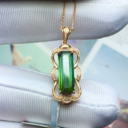 Pendant 18K Gold 2.7ct Green Tourmaline Gemstones Diamond Necklace for Women