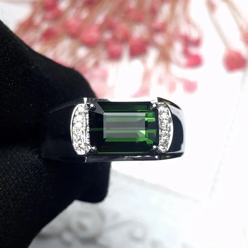 Ring 18K Gold 3ct Green Tourmaline Gemstone Diamonds Men's Wedding Ring