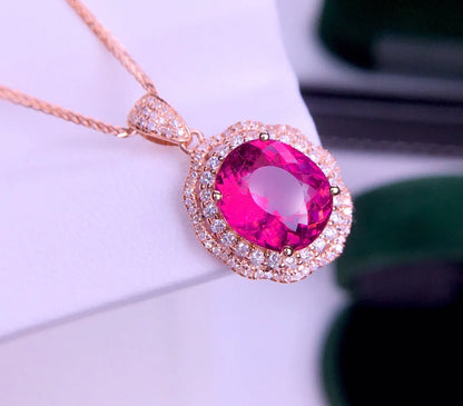 Pendant 18K Gold 2.95ct Red Tourmaline Gemstones Diamond Necklace