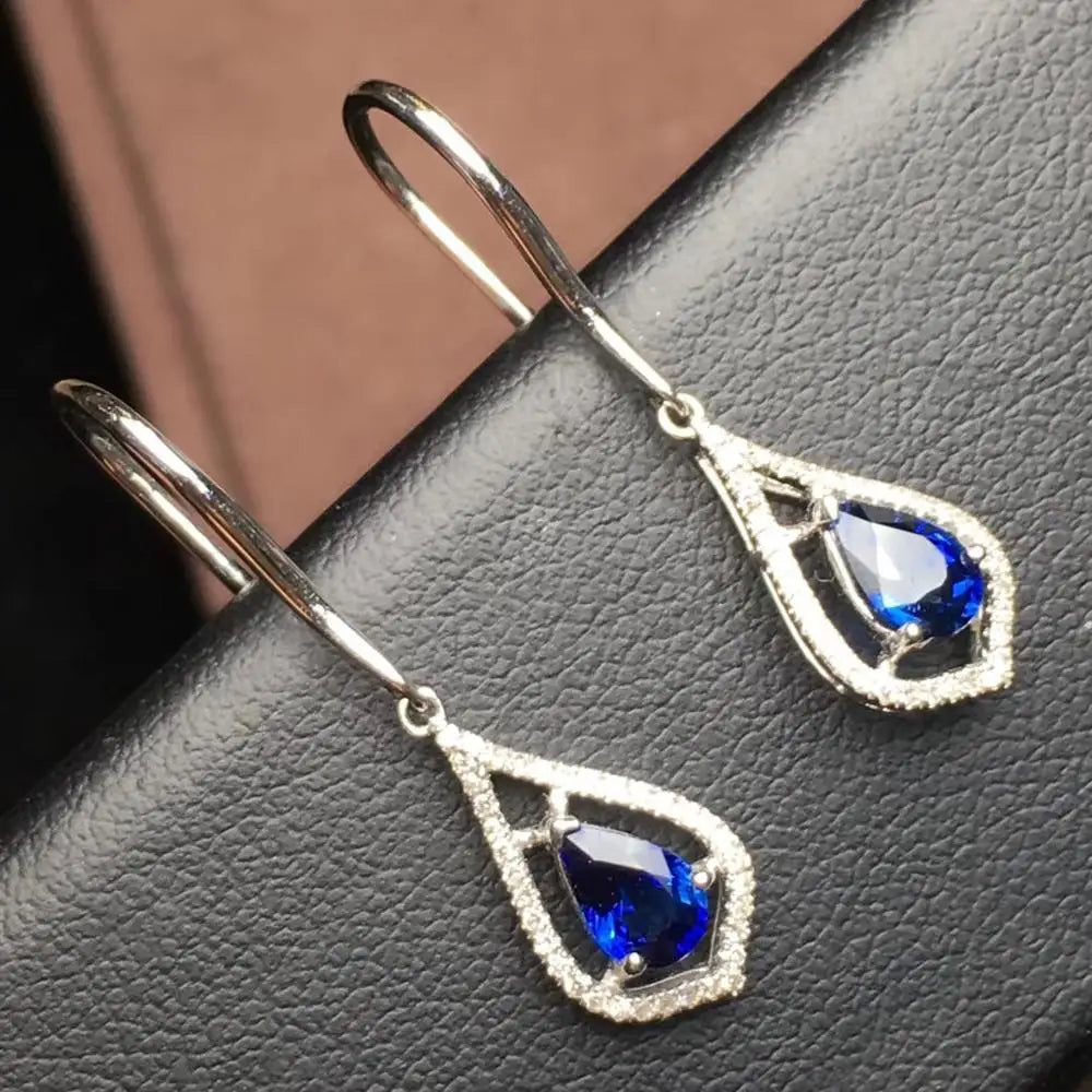 Earrings 18K Gold 1.22ct Royal Blue Sapphire Drop Female's Fine