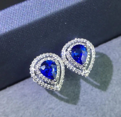 Earrings 18K Gold 0.9ct Royal Blue Sapphire Gemstones Stud Female's