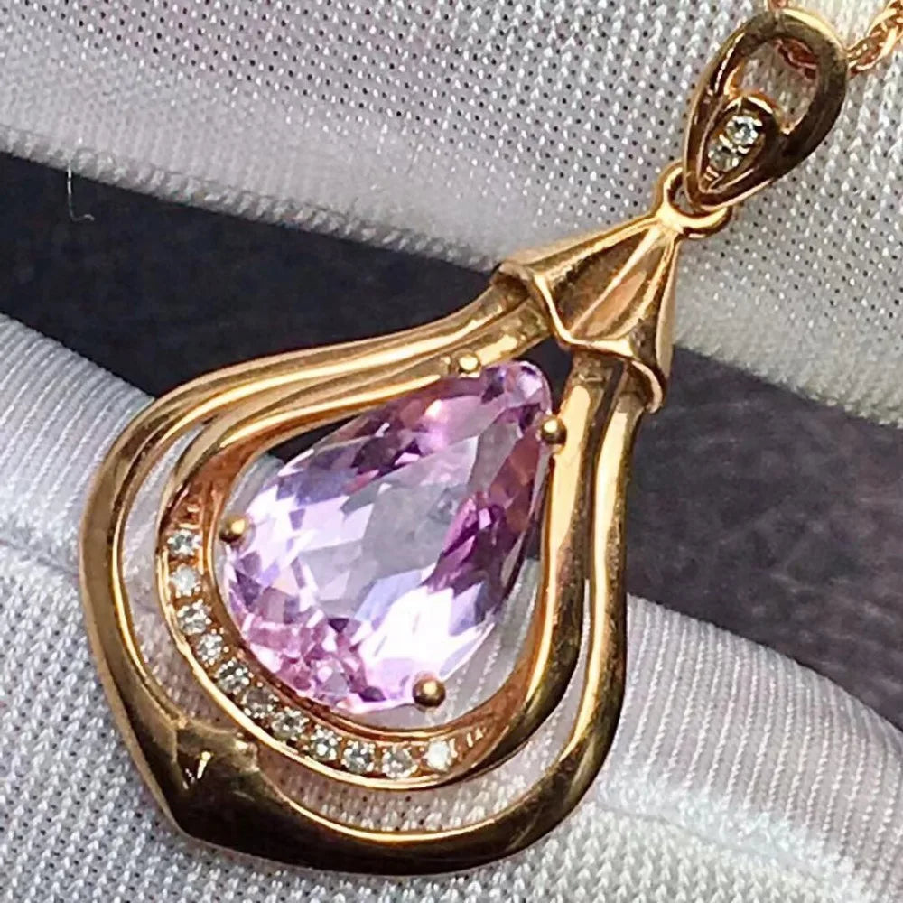 Pendant 18K Rose Gold 3.4ct Kunzite Gemstone Diamond Necklace for Women