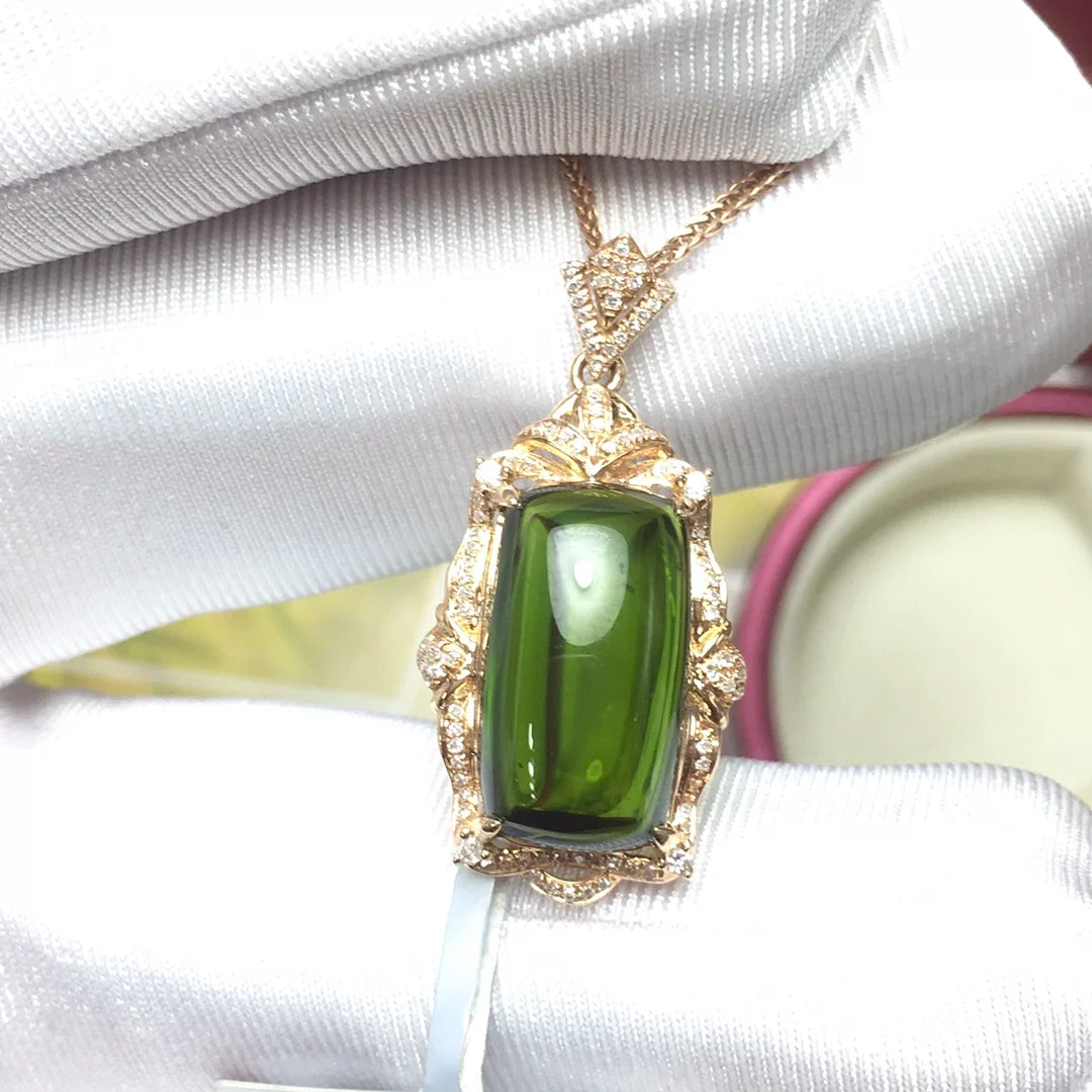 Pendant 18K Gold 8.3ct Green Tourmaline Gemstones Diamond Necklace for Women