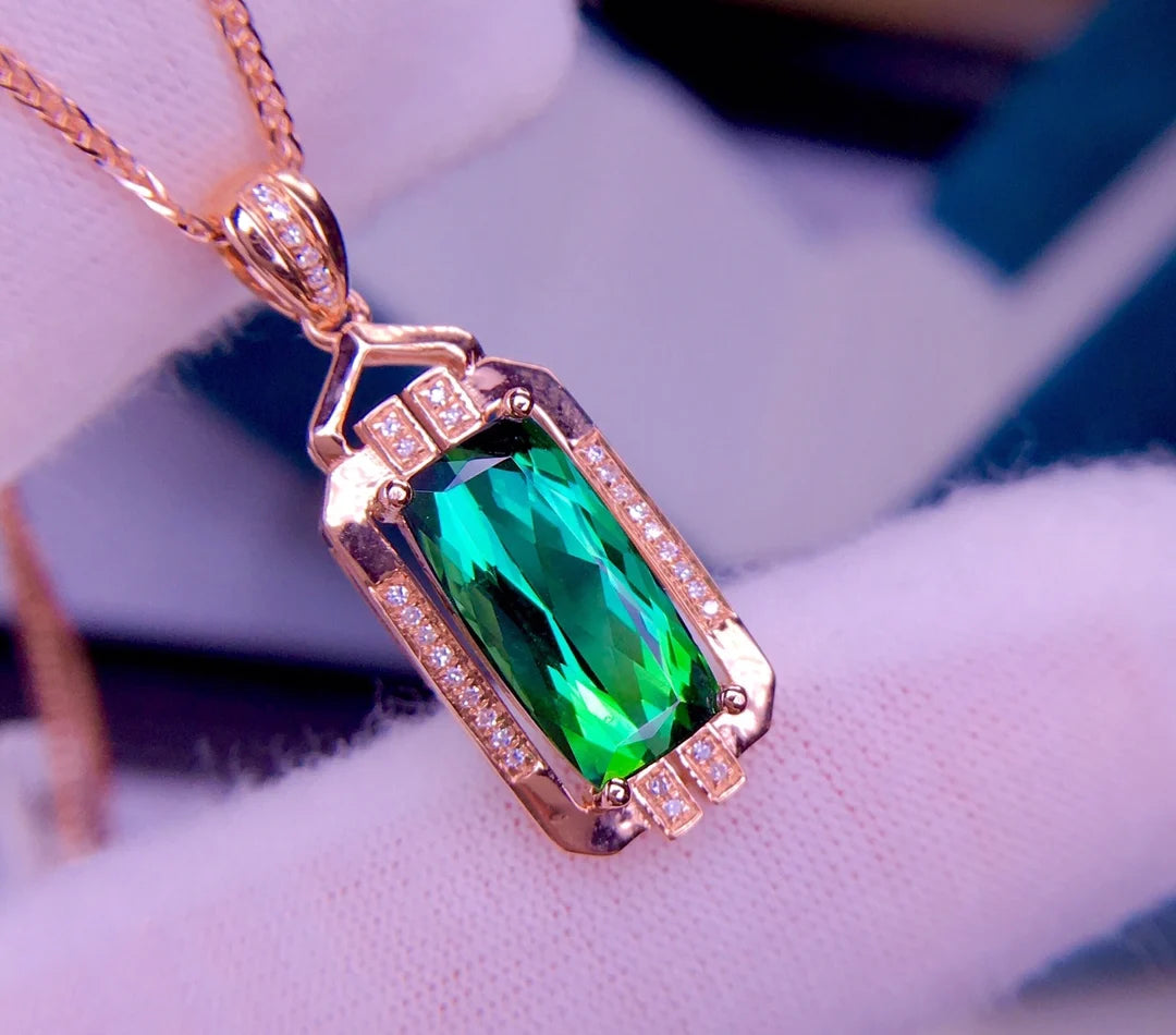 Pendant 18K Gold 3ct Greenish Blue Tourmaline Diamonds Necklace