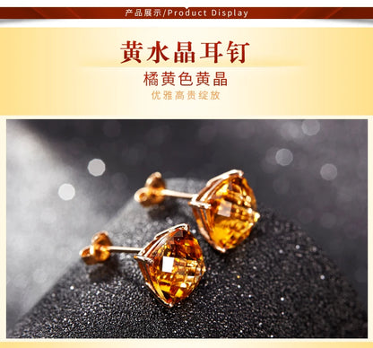 Earrings 18K Gold Citrine 7*7mm Gemstones Female's Fine Gift