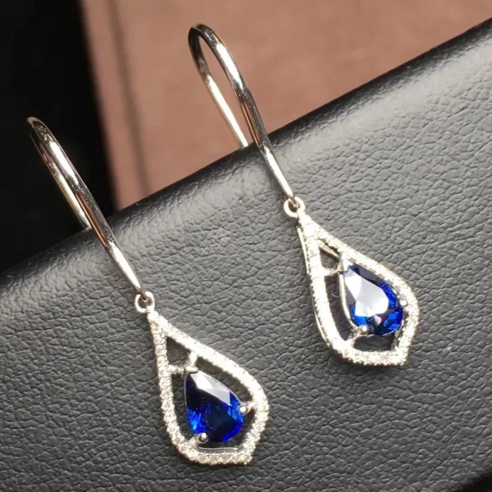 Earrings 18K Gold 1.22ct Royal Blue Sapphire Drop Female's Fine