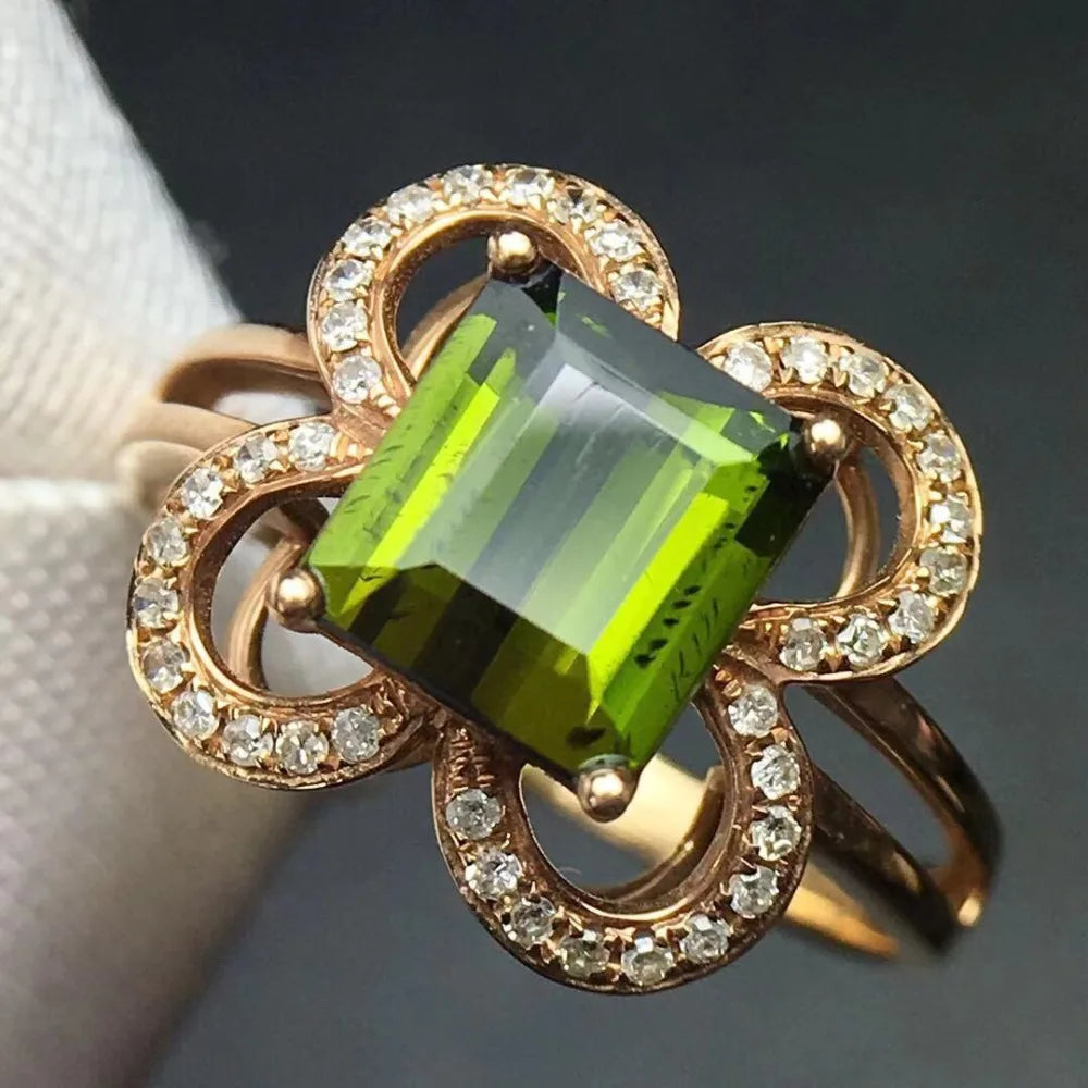 Ring 18K Gold 1.9ct Green Tourmaline Gemstone Diamonds Men's Wedding Ring