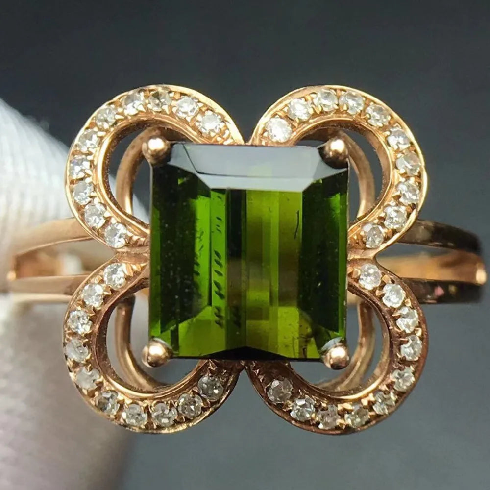 Ring 18K Gold 1.9ct Green Tourmaline Gemstone Diamonds Men's Wedding Ring