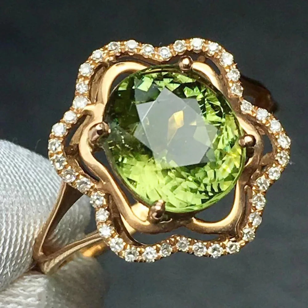 Ring 18K Gold 3.2ct Green Tourmaline Gemstone Diamonds Men's Wedding Ring