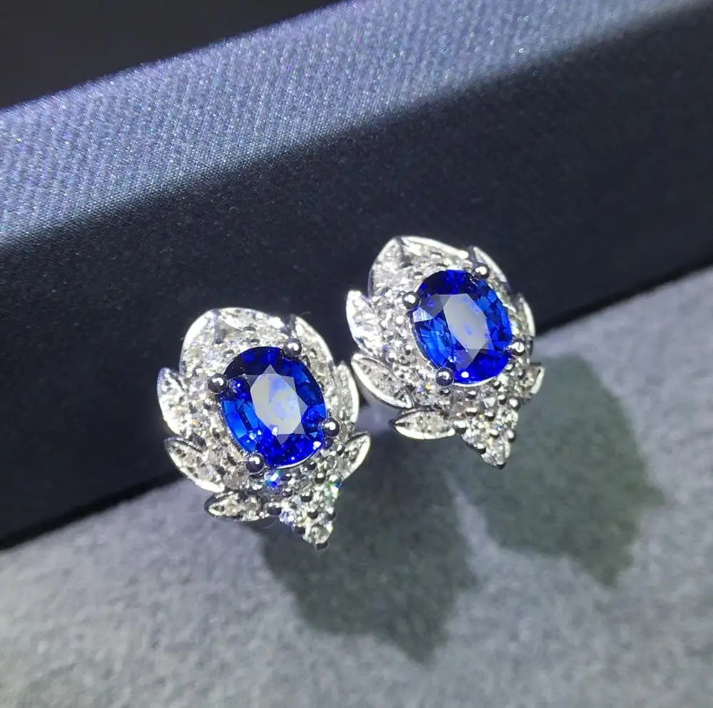 Earrings 18K Gold 0.9ct Royal Blue Sapphire Gemstones Stud Female