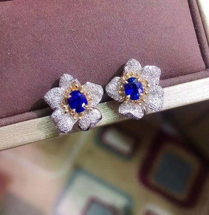 Earrings 18K Gold 0.8ct Royal Blue Sapphire Gemstones Stud Female's