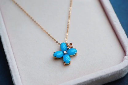 Pendant 18K Gold Blue Turquoise Gemstone Diamond Necklace for Women