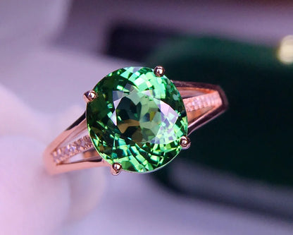 Ring 18K Gold 3.9ct Green Tourmaline Gemstones Diamonds Female Fine Present