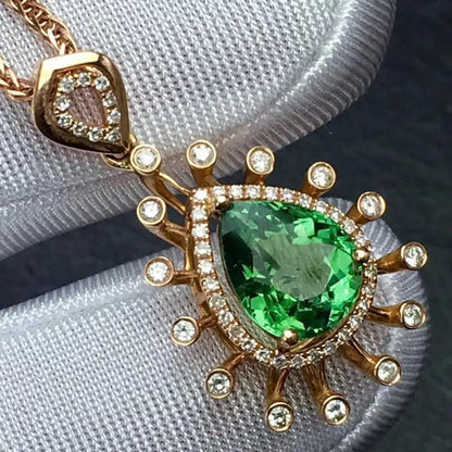 Pendant 18K Gold 2.6ct Green Tourmaline Gemstones Diamond Necklace