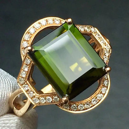 Ring 18K Gold 4.2ct Green Tourmaline Gemstone Diamonds Men's Wedding Ring