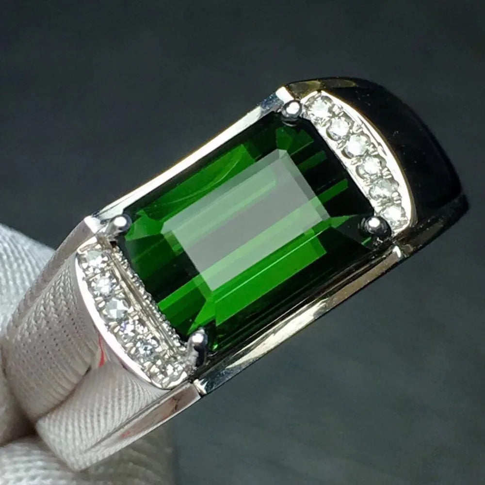 Ring 18K Gold 3ct Green Tourmaline Gemstone Diamonds Men's Wedding Ring