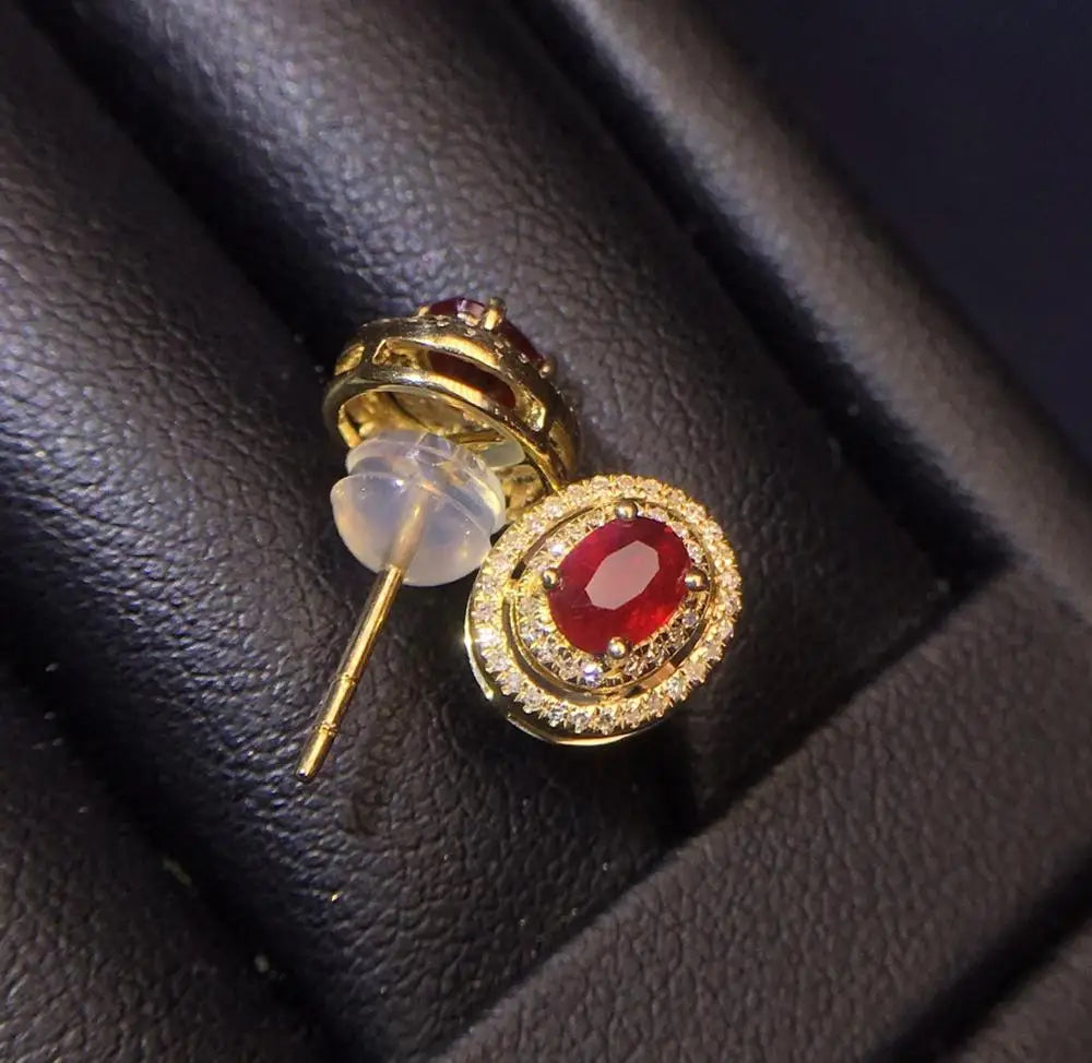 Earrings 18K Gold 0.75ct Red Ruby Gemstones Stud Female's Fine Gift