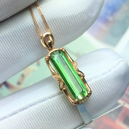 Pendant 18K Gold 2.2ct Green Tourmaline Gemstones Diamond Necklace for Women