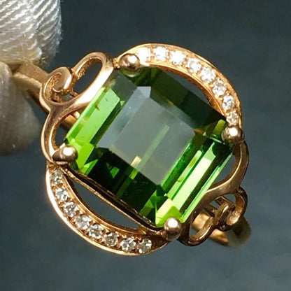 Ring 18K Gold 4.2ct Green Tourmaline Gemstone Diamonds Men's Wedding Ring